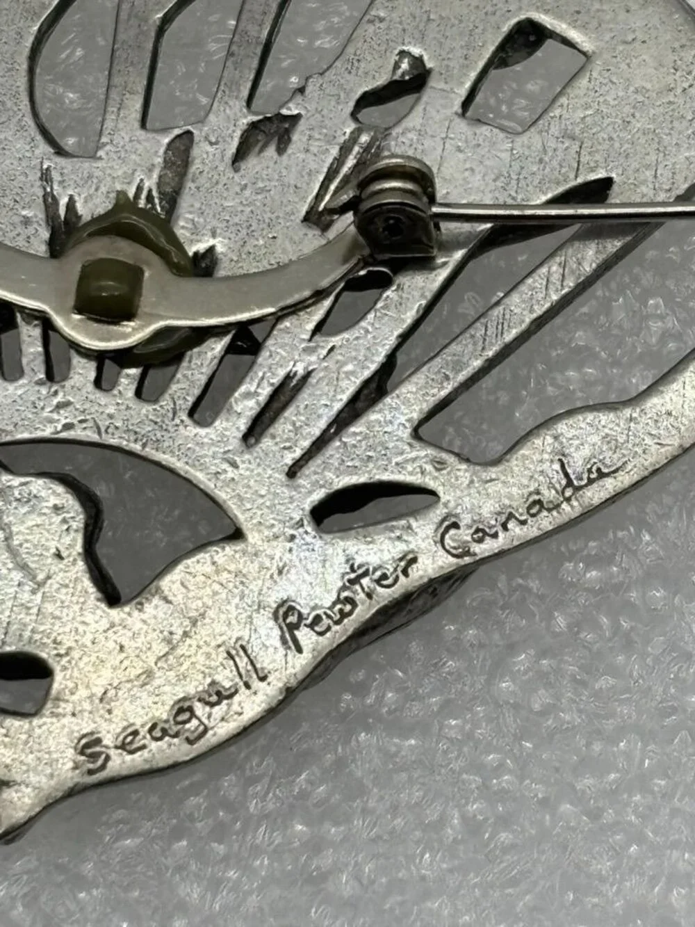 Vintage Bird in Flight Floral Fan Brooch Seagull Pewter Canada Late 1980s Signed